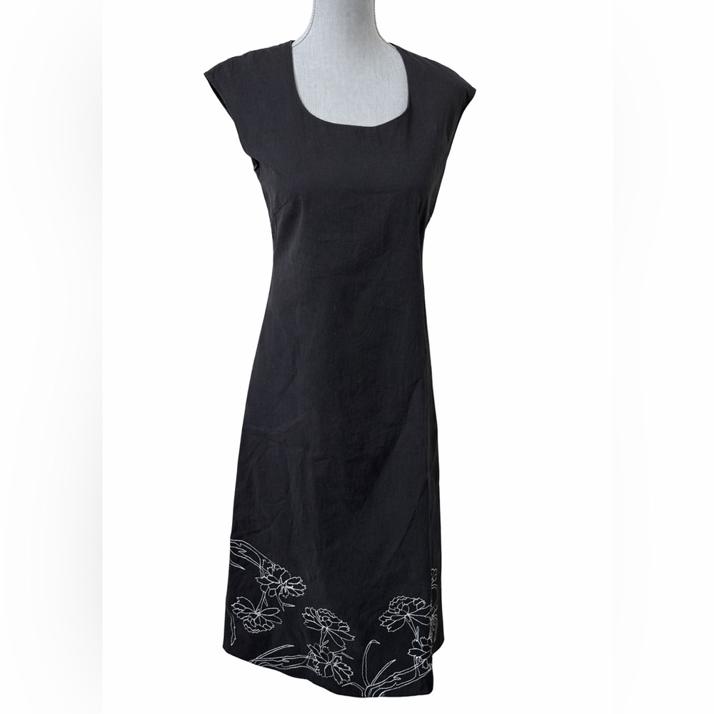DKNY Pure Black Cotton V-Neck Sleeveless Midi Shift Dress Embroidered Hem